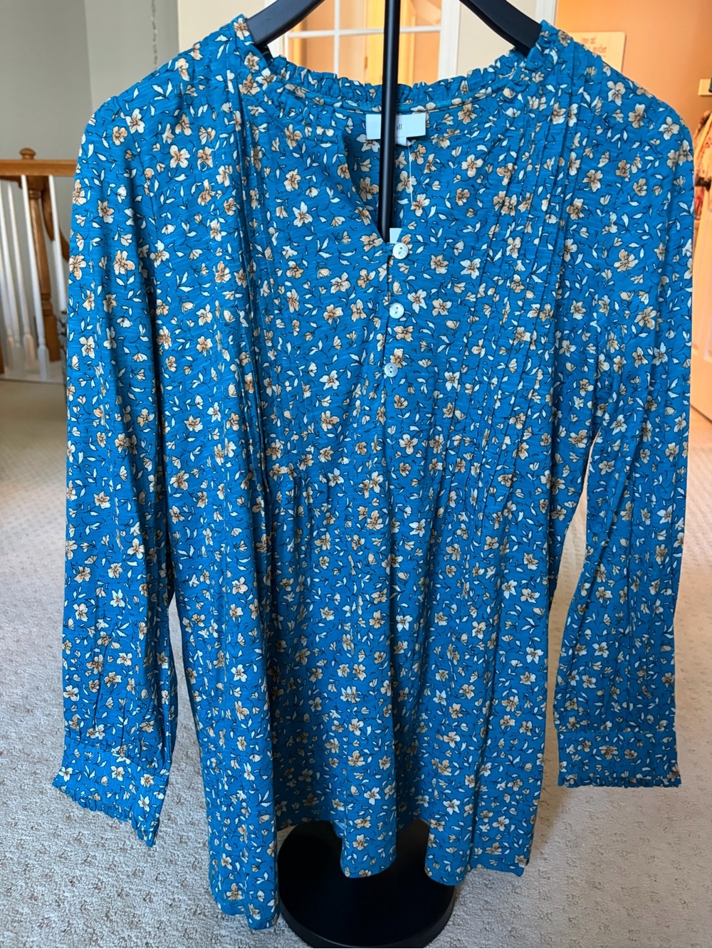 J. Jill Blue Floral Pintuck Peasant Blouse